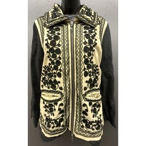 Free People Jacket Women XS Beige Black Stitched Quills Embroidered Boho Artsy